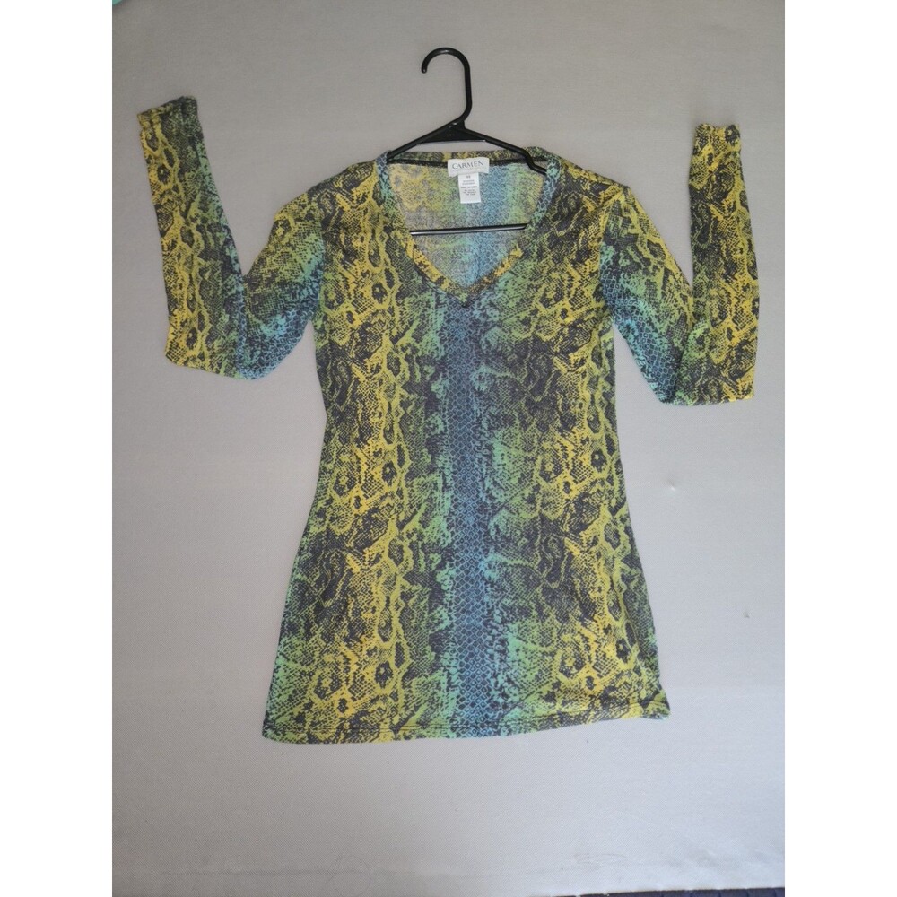 Carmen Marc Valvo Womens Long Sleeve Snake Print Top Green Blue Size XS - Picture 7 of 8